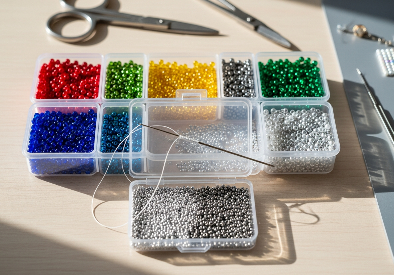 Рабочее место для бисероплетения: бисер, инструменты