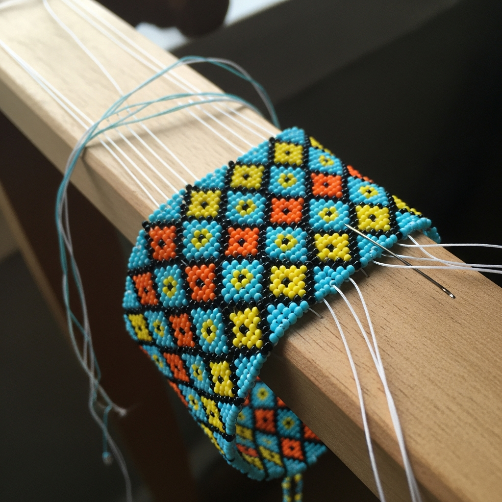 Браслет с геометрическим орнаментом из бисера